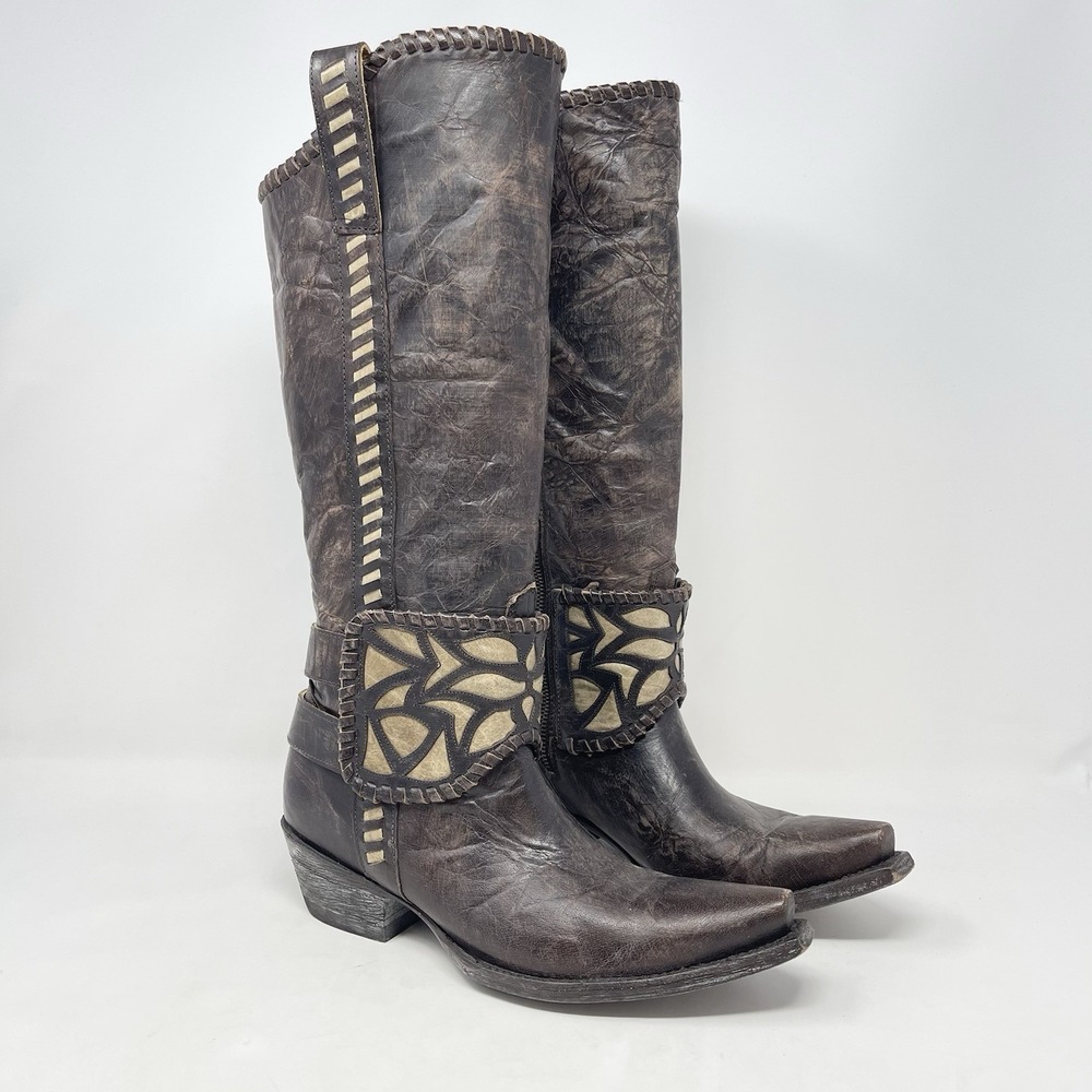 Old Gringo Melissa 15" Western Boot 7.5 Dark Brown Glazed Leather Snip Toe Inlay